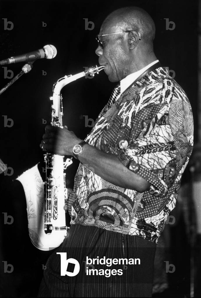 Cameroonian Singer Manu Dibango on Stage at The Midem, January 22, 1991 (b/w photo)