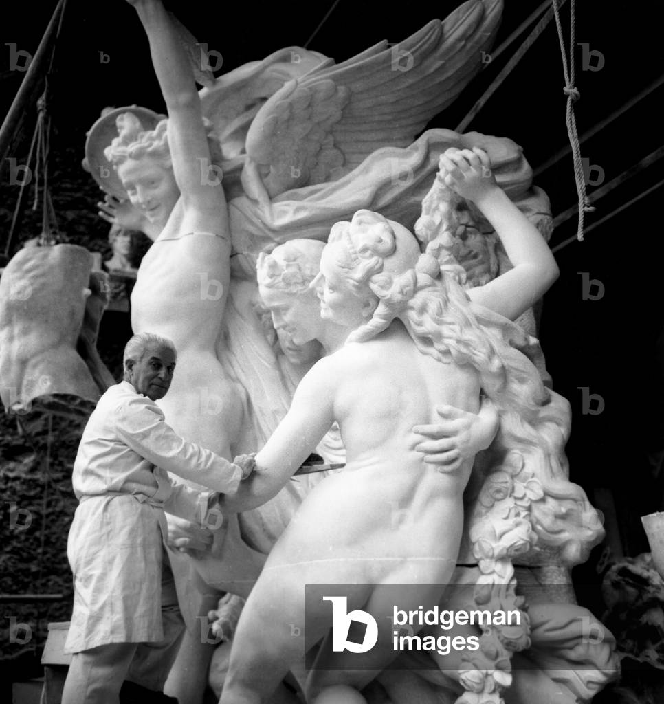French Sculptor Paul Belmondo (Jeanpaul'S Father) in Workshop August 14, 1964 Working After Andremalraux'S Request on The Reproduction of Sculpture The Dance By Capeaux , Which Original Was Damaged By Bad Weather (b/w photo)
