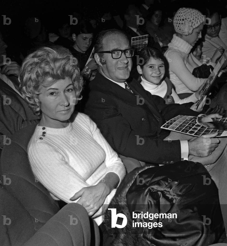 French historian Alain Decaux with his 1st wife Madeleine Parisy, and daughter at screening of film 