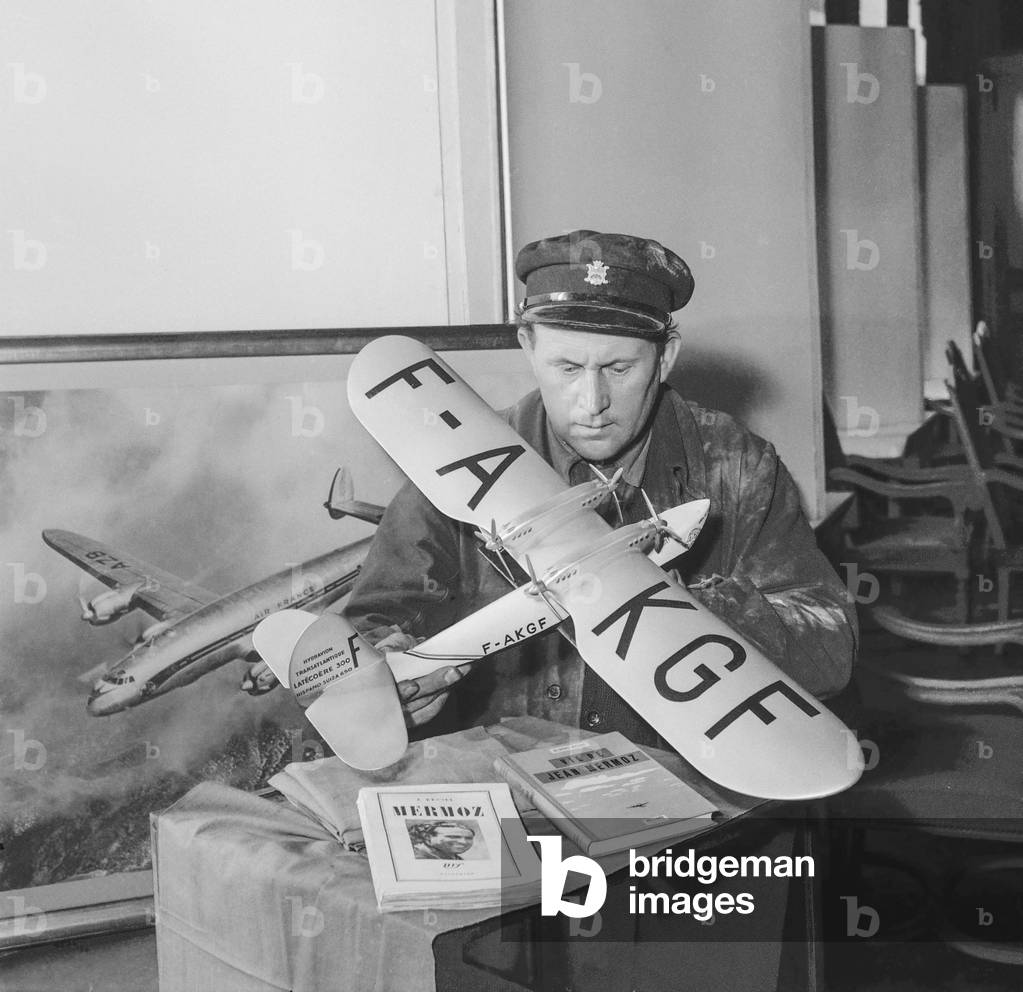 Exhibition about French pilot Jean Mermoz in Neuilly, France, December 7, 1951 : scale model of the plane 