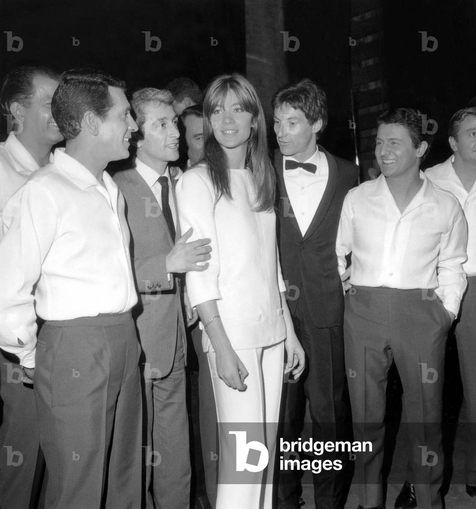 Francoise Hardy After Concert at Olympia, 1965 Congratulated By Hugues Aufray, Fred Mella, J.P. Calvet and G. Bourguignon (b/w photo)