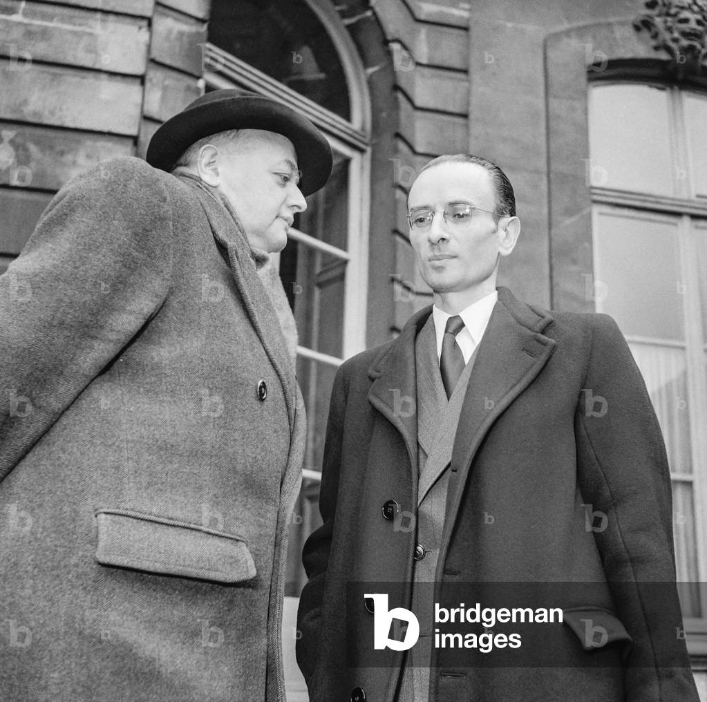 Paul Bacon (r), French minister of Labour, Matignon, Paris, March 23, 1951 (b/w photo)