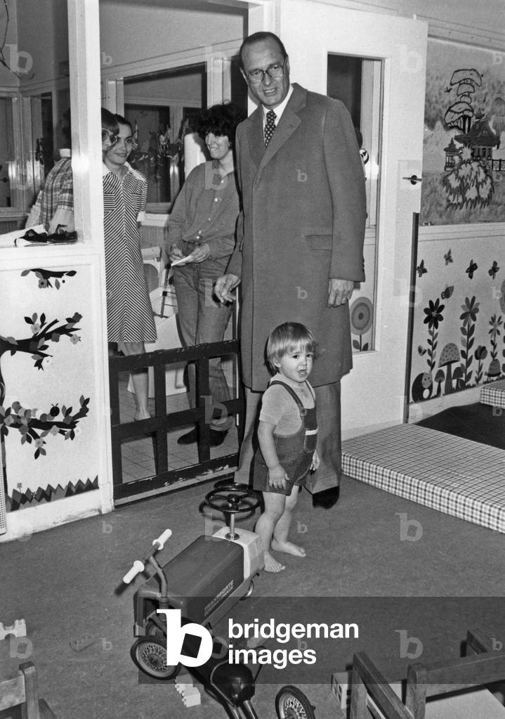 Jacques Chirac, Mayor of Paris, Visiting A Creche on May 9, 1980 (b/w photo)