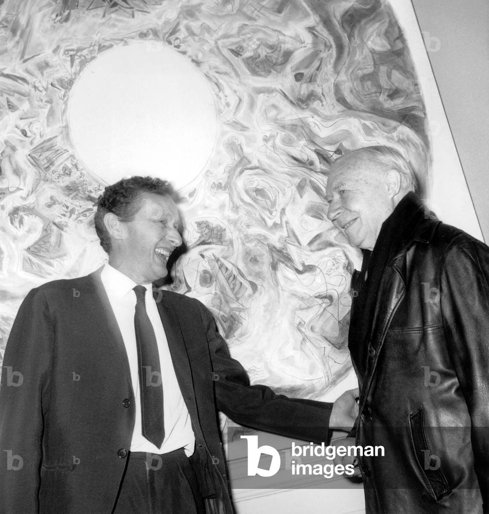 Jean-Louis Barrault and Andre Masson on November 4, 1965 For New Peinted Ceiling of The Odeon Theatre in Paris (b/w photo)