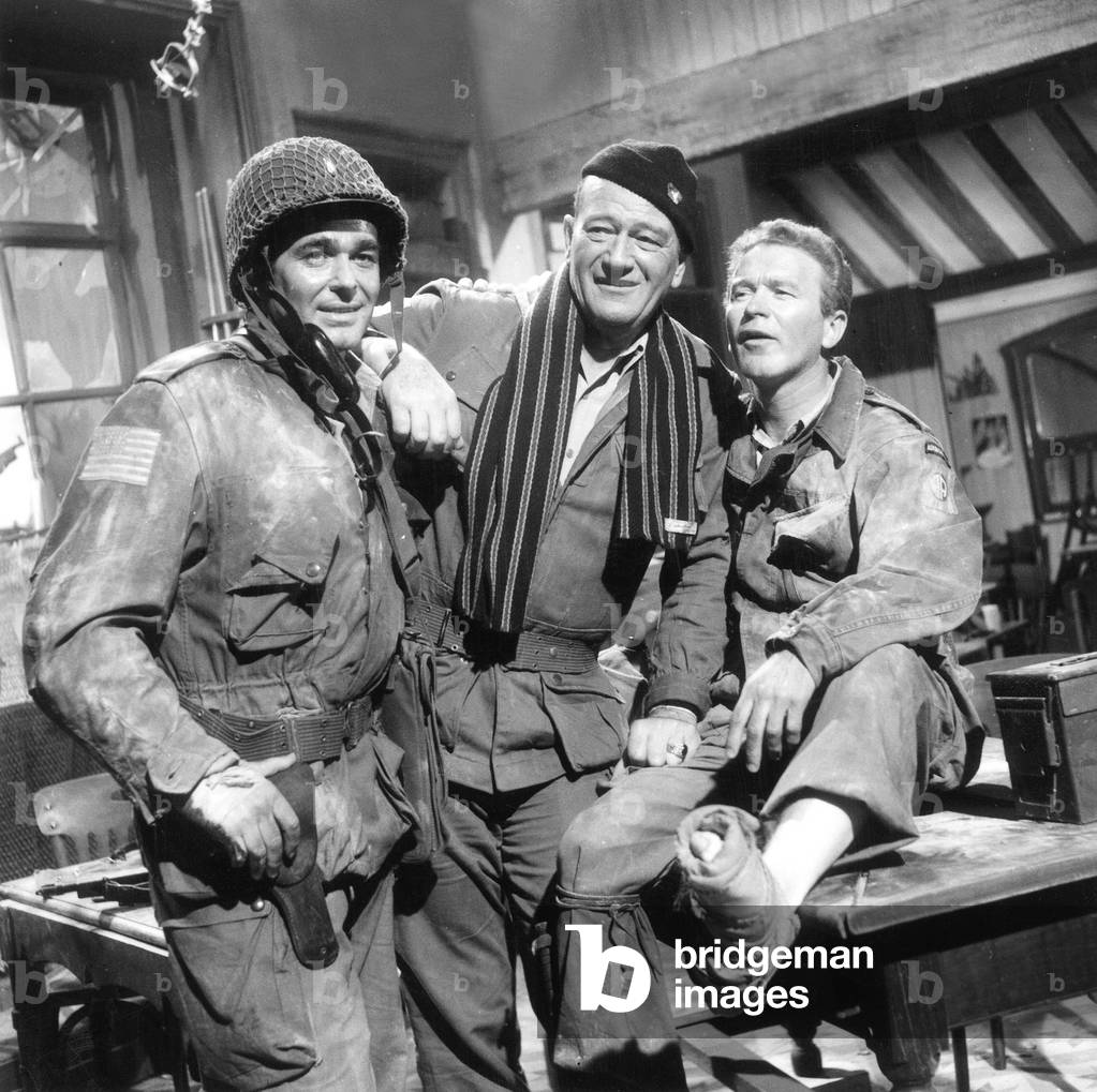 John Wayne and Red Buttons on Set of Film The Longest Day 1962  (b/w photo)
