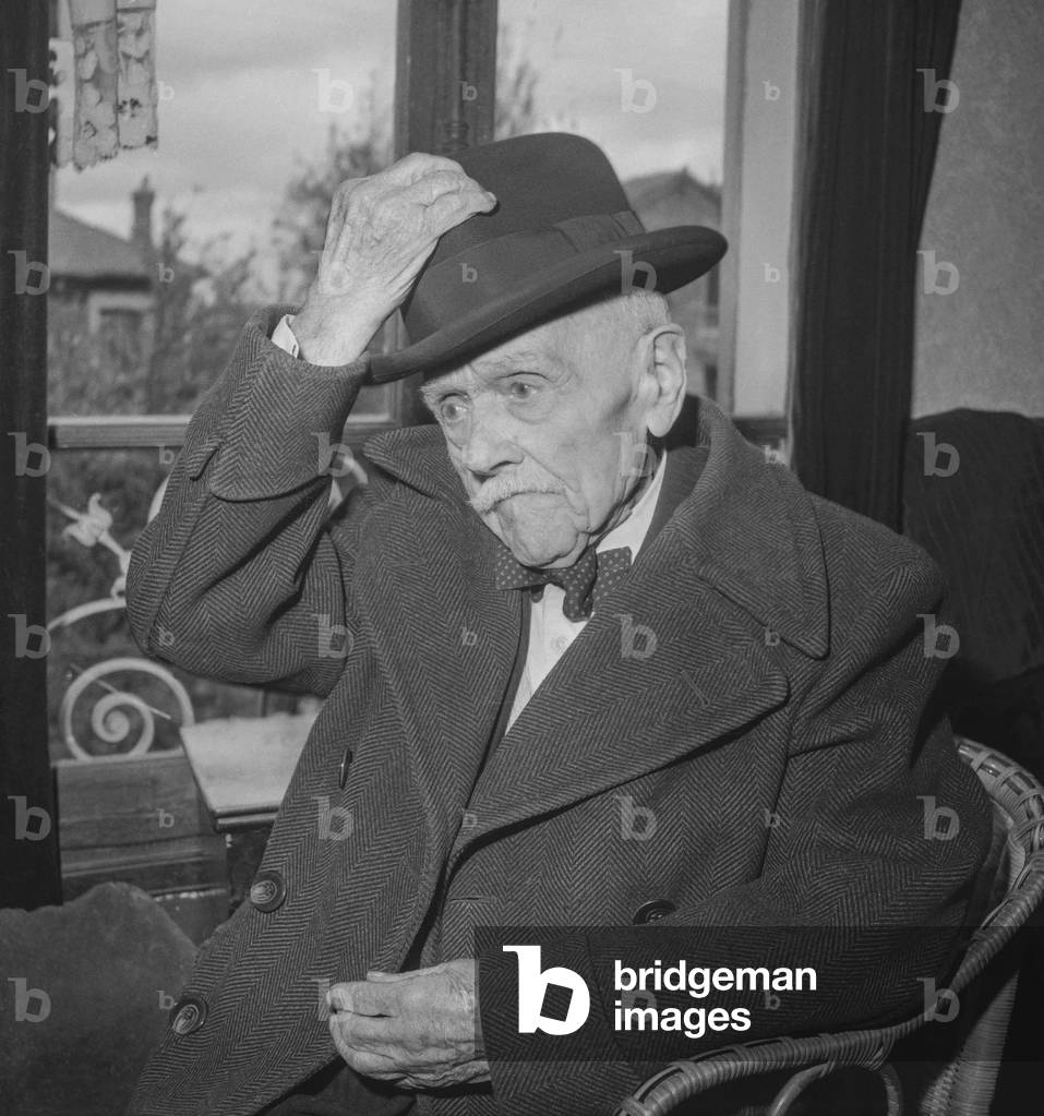 Mr Lassus, 101 years old, at home in Mesnil le Roi, France, April 26, 1950 (b/w photo)
