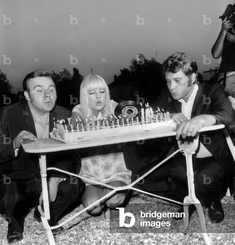 Georges Aber With Sylvie Vartan and Johnny Hallyday Around Birthday Cake To Celebrate The Lyric Writer'S 1000Th Song June 23, 1967 (b/w photo)