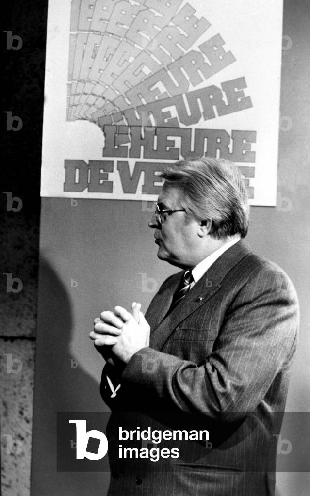 French Prime Minister Pierre Mauroy , on TV Programme February 17, 1983 (b/w photo)