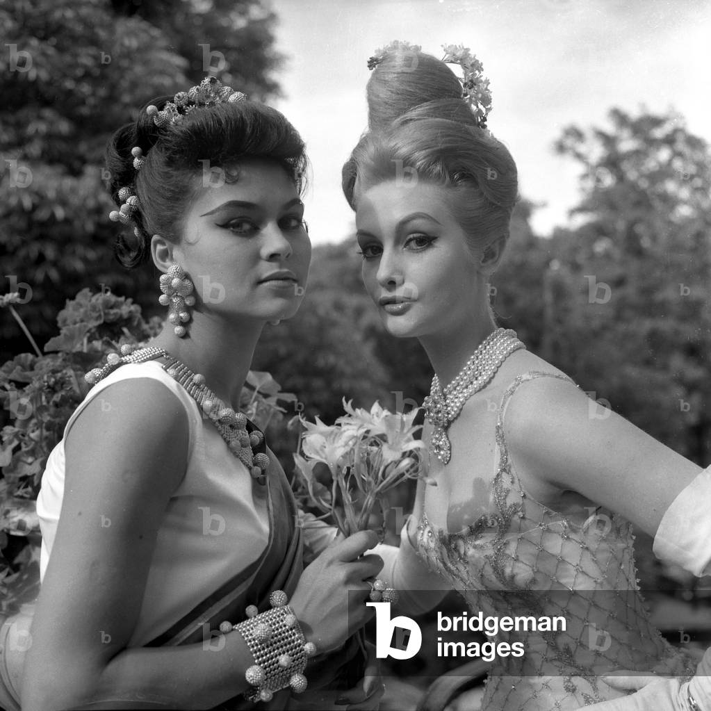 Presentation of Hairstyle in Pre Catelan Near Paris on June 14, 1960 : A Gala Hairstyle By Alexandre De Paris and Hairstyle By Lusik (b/w photo)