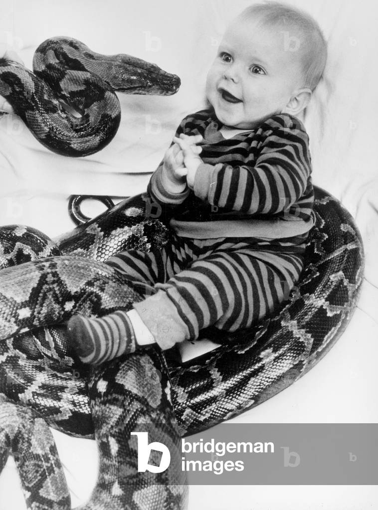 Baby Stephanie With A Snake (Her Parents Are Owners of A Circusà France, November 1985 (b/w photo)