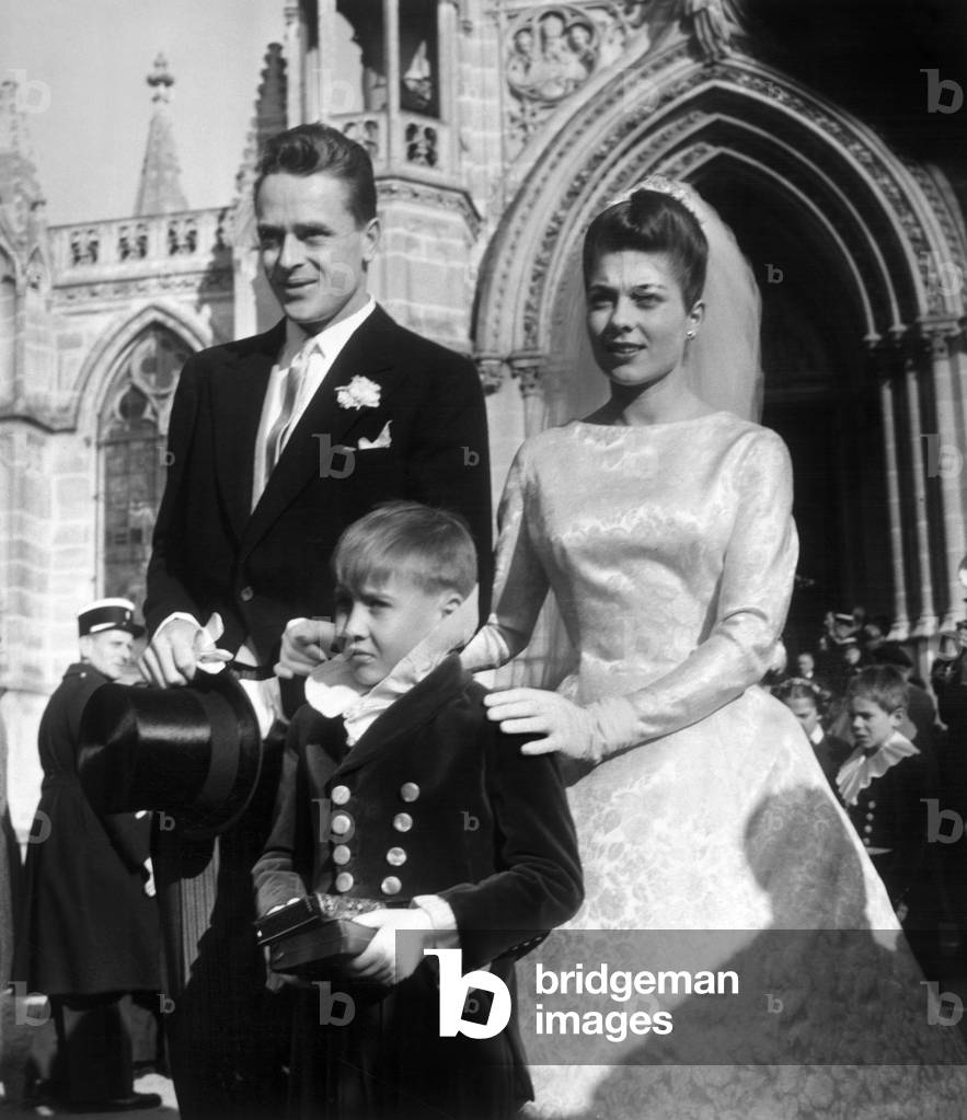 Wedding of Princess Helene of France and Count Evrard of Limbourg Stirum in Dreux January 17, 1957 here After The Ceremony With Thibaud of France (Brother of The Bride) (b/w photo)