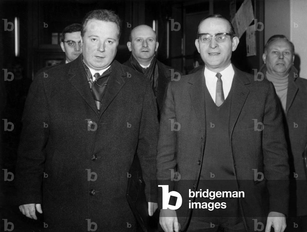 Rene Mathevet (R) From The Cfdt (French Trade Union) and Georges Seguy (L, Cgt) With A Delegation With Rene Buhl, Henri Krasucki and Andre Berthelot, February 18, 1969 (b/w photo)