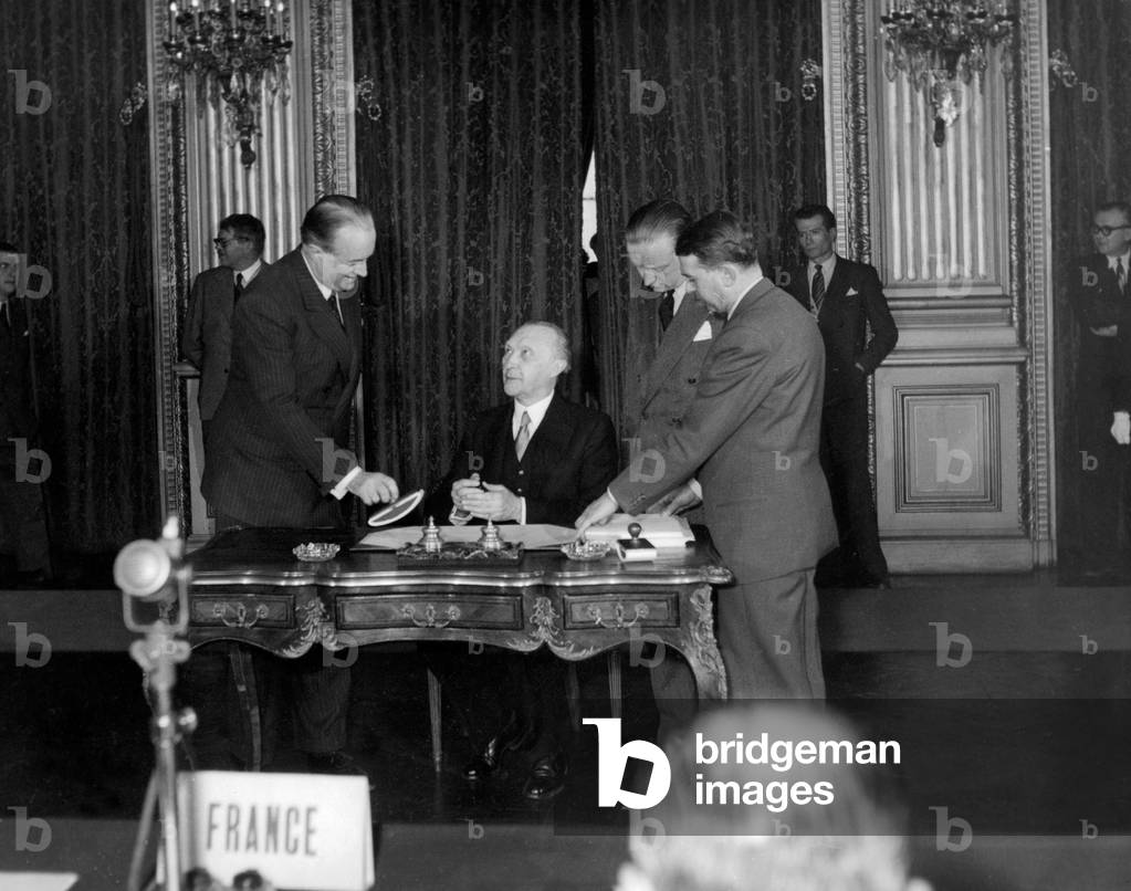 Jacques Dumaine and German Chacellor Conrad Adenauder at Signature of Schuman Plan April 18, 1951 (b/w photo)