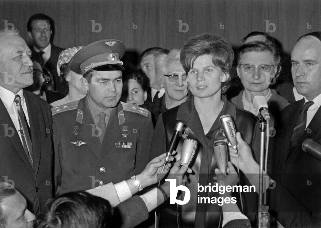 Soviet Cosmonauts Valentina Tereshkova and her Husband Andrian Nikolaiev (Uniform) in Paris : here Arriving at Bourget Airport on May 10, 1965, Speaking With Journalists in Presence of Valerian Zorine (L) Soviet Ambassador in Paris (b/w photo)