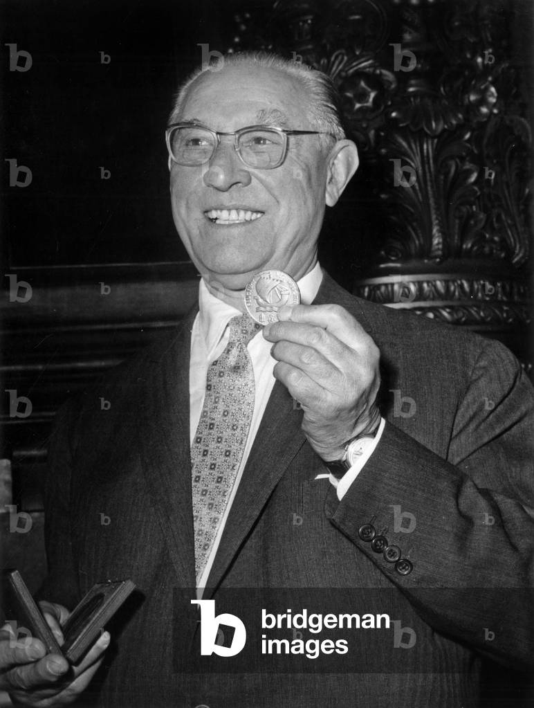 Georges Thill During The Presentation Of The Orphees D'Or From The Academy Of Lyric Disc To The Opera Comique Here Receiving The Medaille Of Vermeil From The City Of Paris (b/w photo)