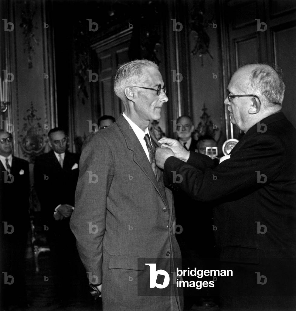 French President Vincent Auriol Giving Mr Smachten Cross of Legion of Honour, July 12, 1951 (b/w photo)