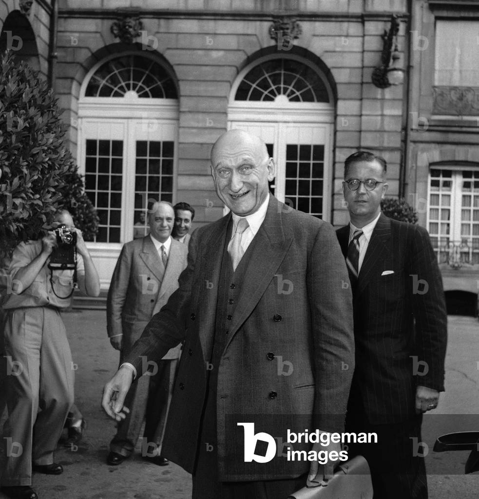 Just before the 1st meeting of the Council of Europe, meeting of the Committee of Ministers of the Council of Europe in Strasbourg, France, August 1949 : Robert Schuman (b/w photo)