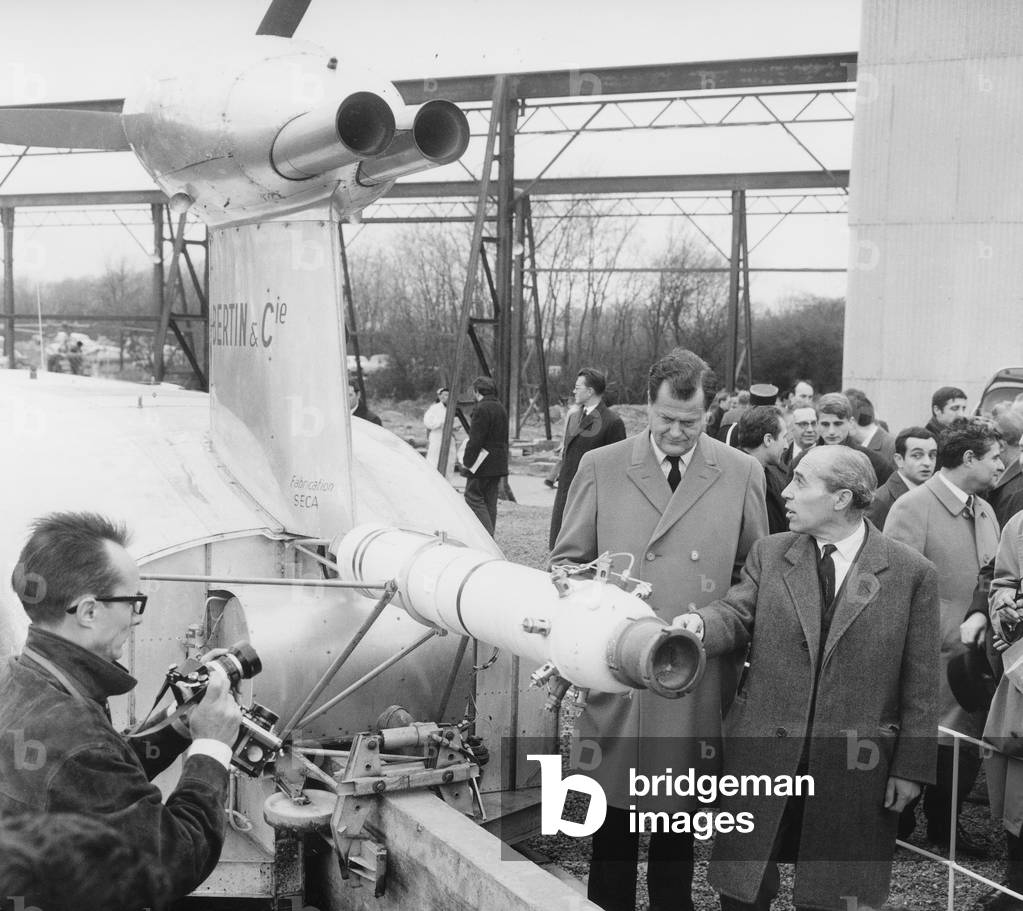 Olivier Guichard and Jean Bertin, Inventor of Hovertrain during Experiment in Gometz-La-Ville December 23, 1966 (b/w photo)