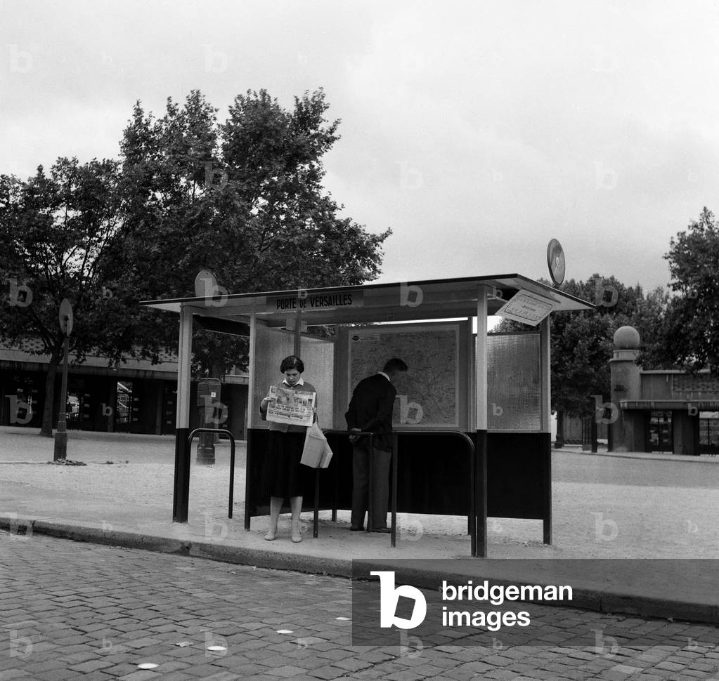 New Bus Shelter in Paris, August 7, 1958 (b/w photo)