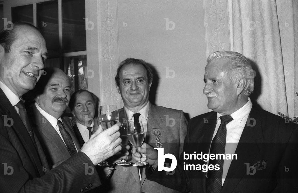 French cook Paul Bocuse has received the Legion of Honour, Pre catelan, Paris, February 11, 1987 : l-r : Jacques Chirac, Pierre Troisgros, Paul Bocuse and Roger Verge (b/w photo)