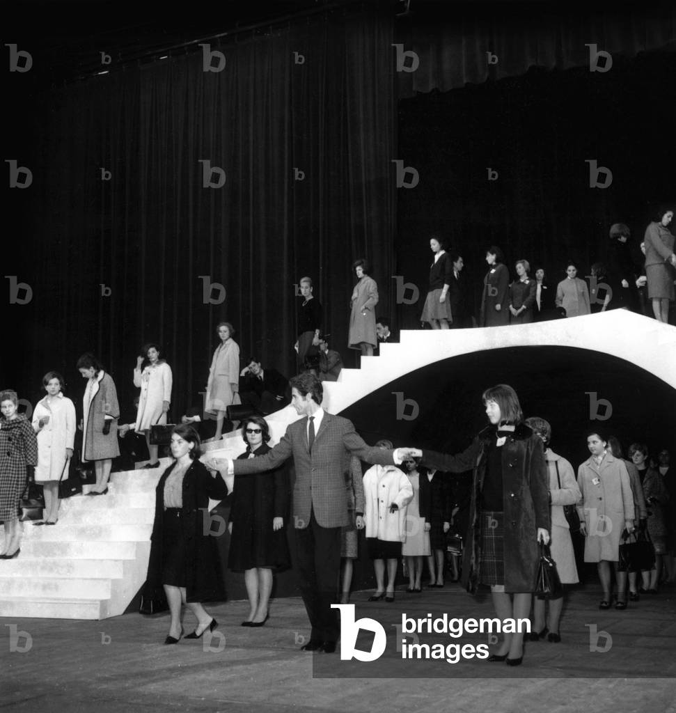 On November 19, 1963 in Chaillot Palace in Paris : Rehearsal For Ball of Debutantes With Jacques Chazot (Master of Ceremony) (b/w photo)