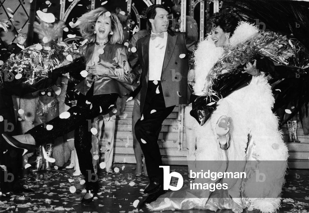 Amanda Lear, Michel Leeb And Shirley Bassey On Scene At The Centennial Of Folies Bergere. December 3, 1986 (b/w photo)