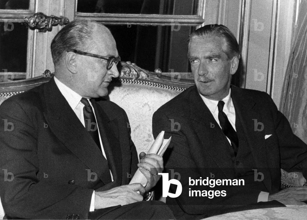On October 16, 1956, Guy Mollet, Head of French Government, and Anthony Eden, Head of English Government, during A Meeting at Matignon Hotel in Paris About Suez Affair (b/w photo)