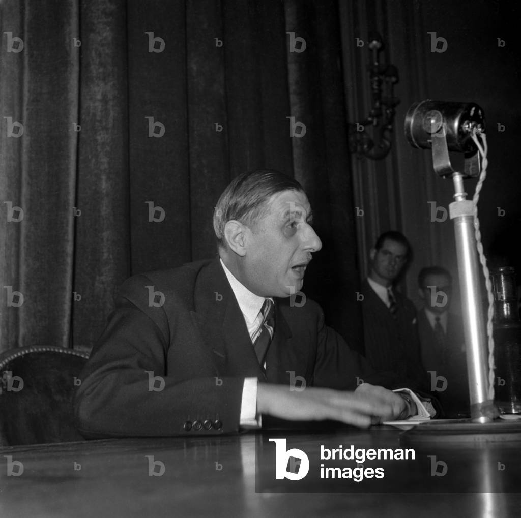 French General Charles De Gaulle during A Press Conference in Paris, November 12, 1947 (b/w photo)