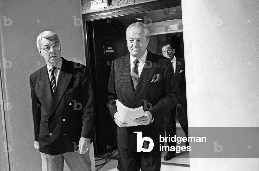 Presenter Francois Henri De Virieu Et Jean Marie Le Pen In The Studio Of The Television Show L'Heure De Verite May 23, 1989 (b/w photo)