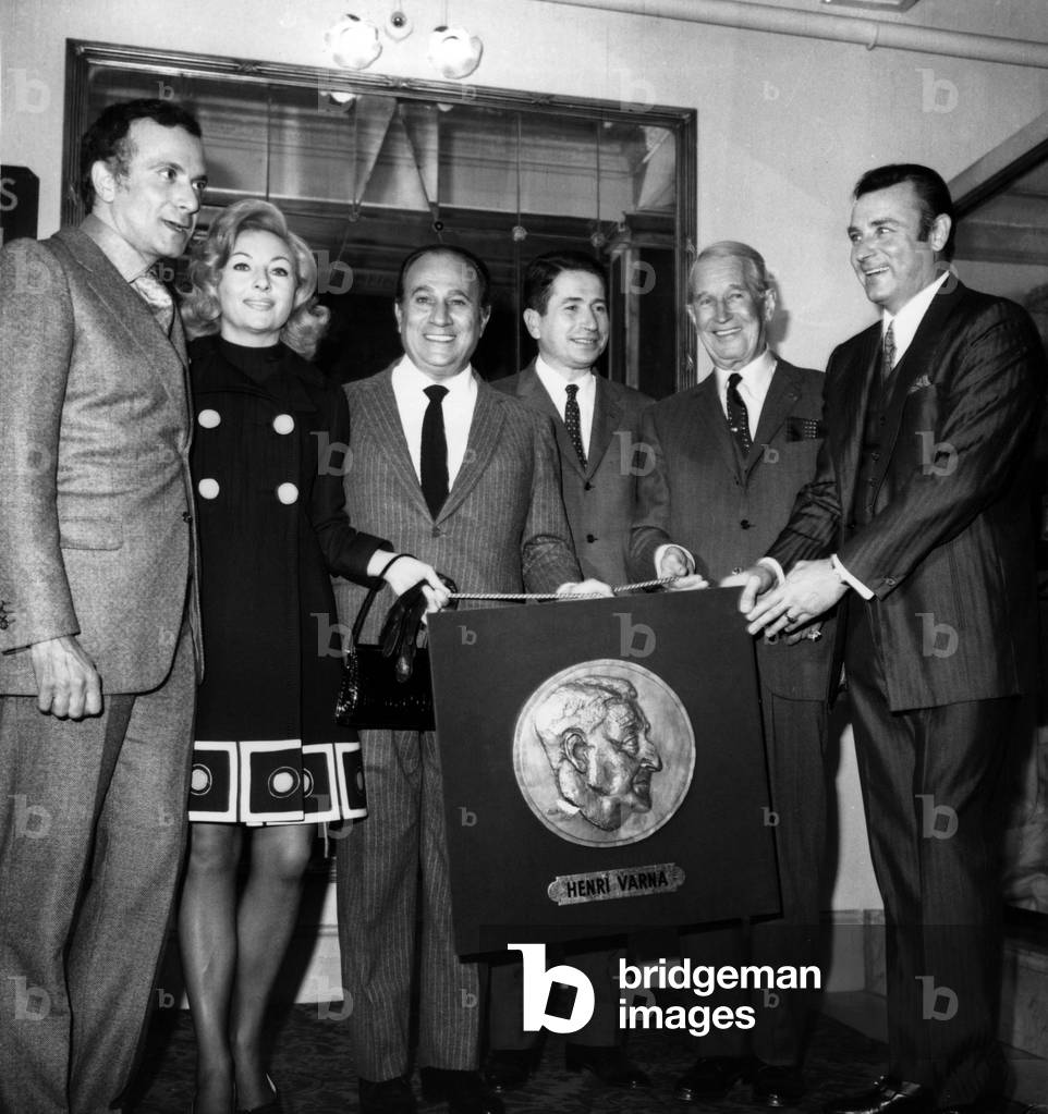 Roland Petit With Paulette Merval,Tino Rossi, Gabriel Kaspereit, Maurice Chevalier and Marcel Merkes in Mogador Theatre in Paris For Tribute To Henrivarma October 2, 1969 (b/w photo)