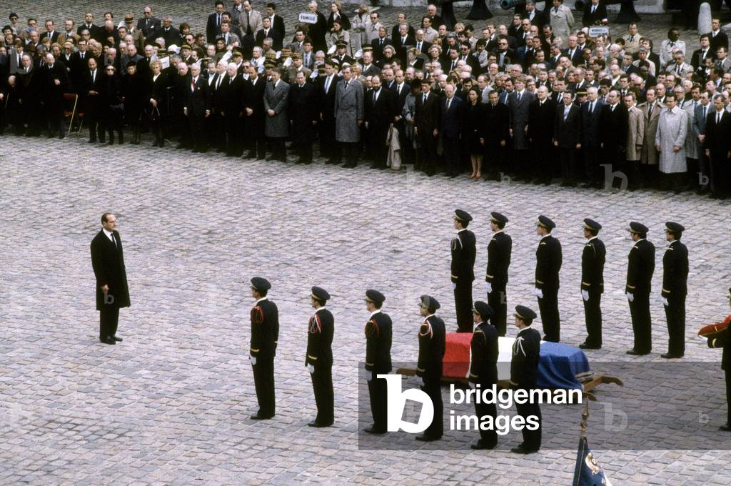 French Prime Minister Jacques Chirac in Front of Industrialist Marcel Dassault'S Coffin during National Funerals April 22, 1986 (photo)