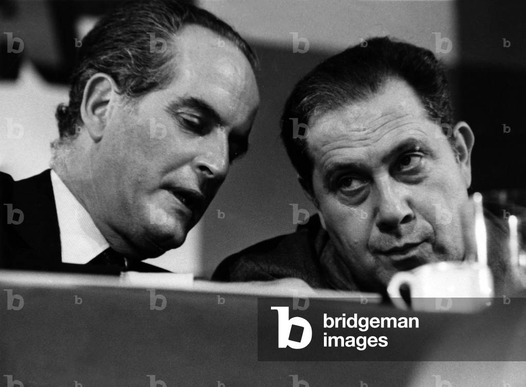 Meeting of The Rpr (Rally For The Republic) in Paris on April 2, 1979 : Claude Labbe and Charles Pasqua (b/w photo)
