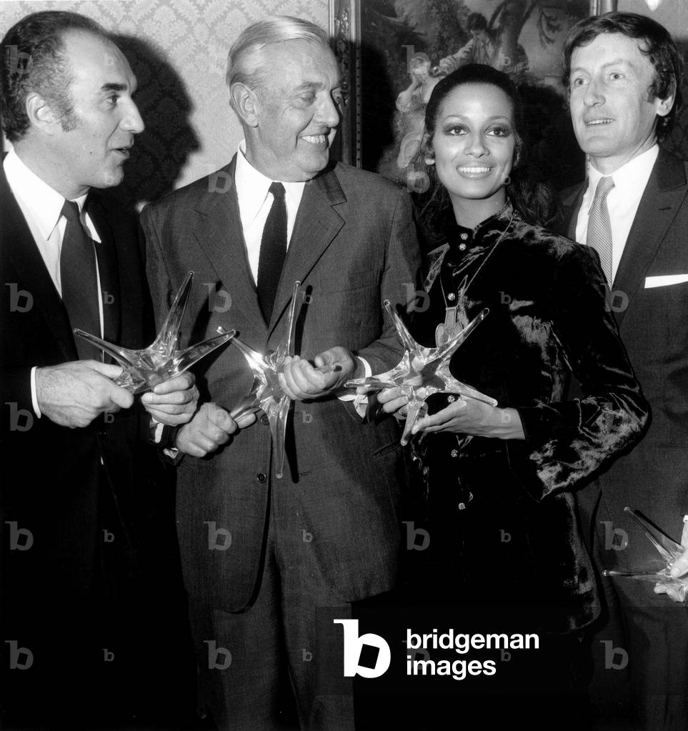 Michel Piccoli Jacques Tati Cathy Rosier and Claude Rich Received Crystal Stars Movie Prize October 22, 1968 (b/w photo)