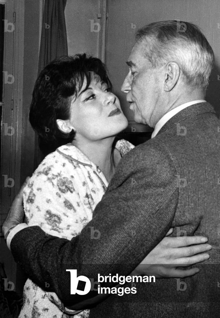 Colette Renard and Maurice Chevalier in Dressing Room of Colette After her Concert January 2, 1964 (b/w photo)