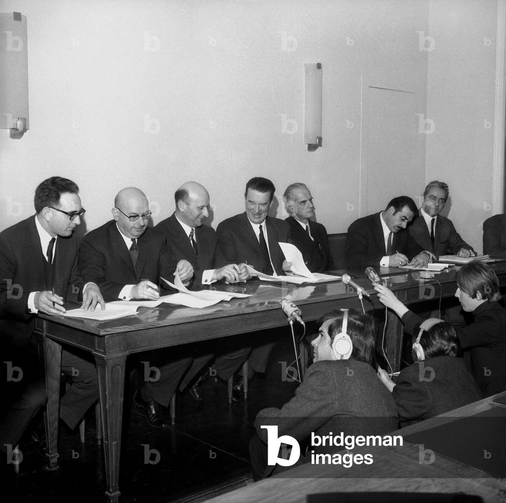 Representatives of Trade Unions Signing Agreement About Employment, February 10, 1969 : L-R : Jean Gruat, Corentin Calvez, Henri Krasucki, Francois Ceyrac, Gingembre, Roger Louet, Laurent Lucas (b/w photo)