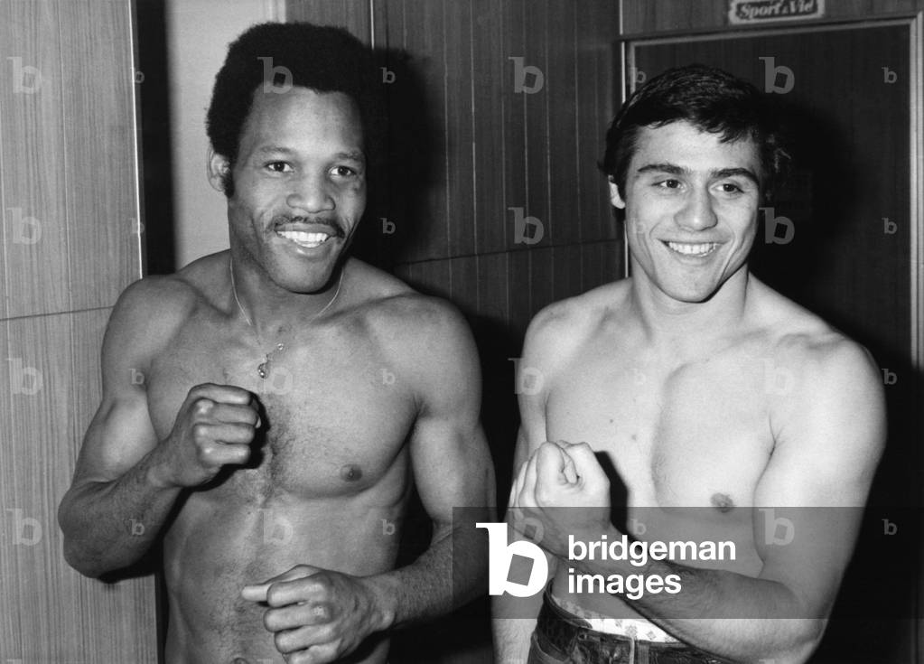 Pierre Joly and Louis Acaries Before The Weighing. Boxing Match For The Title of Champion of France Middleweight, April 26, 1982 (b/w photo)