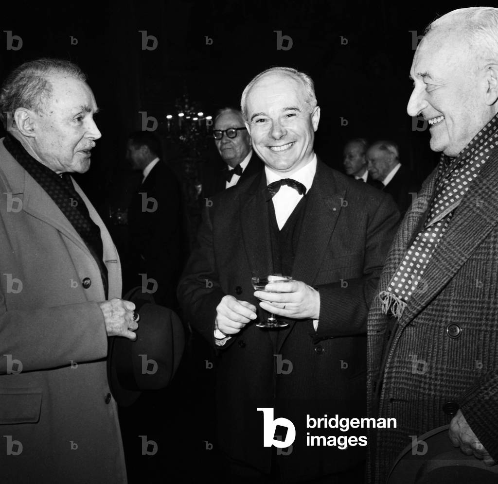 French Writers Maurice Genevoix (L) and Jules Romains (R) Congratulating Writer Paul Guth (C) Who Has Juste Received A Prize (