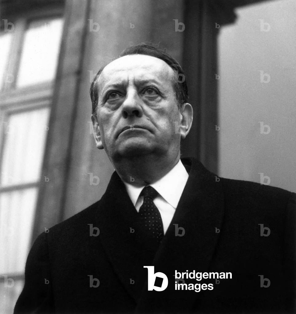 Andre Malraux French Minister of Culture Leaving Elysee Palace in Paris on February 26, 1969 (b/w photo)