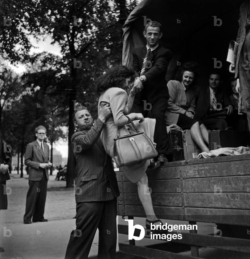 Strike of French Railways in France June 8, 1947 : here People Are Carried By Trucks (b/w photo)