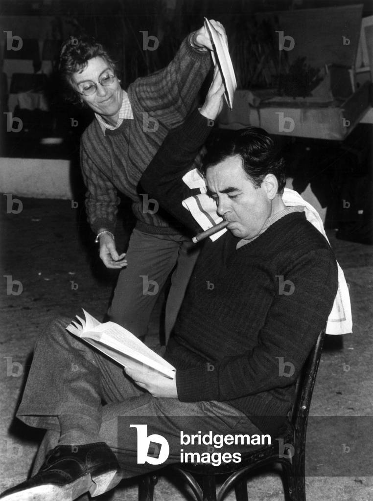 French Journalists Bernard Pivot and Daniele Heyman on January 17, 1985, Paris (b/w photo)