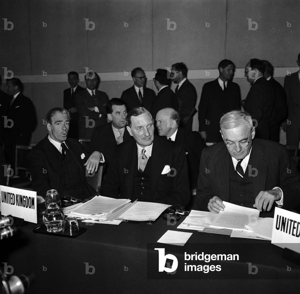 1St Meeting of Nato in Paris on April 23, 1954 : Anthony Eden, Christopher Steel and John Foster Dulles (b/w photo)
