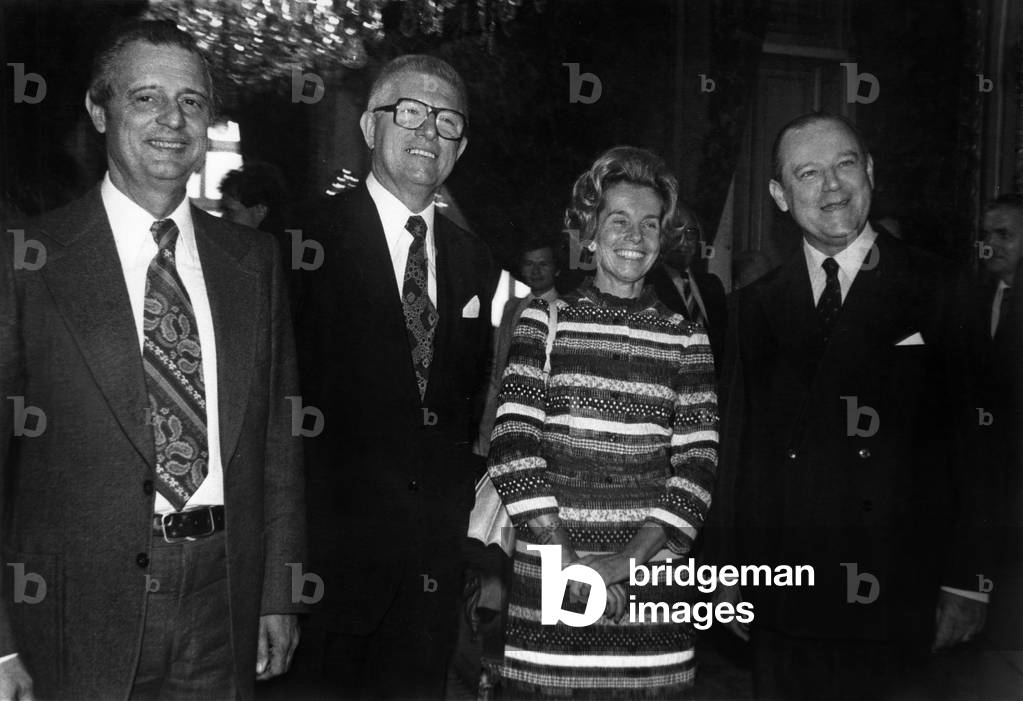 Michel Durafour, Jean Pierre Fourcade, Christiane Scrivener, Raymond Barre, French Prime Minister, August 30, 1976 (b/w photo)