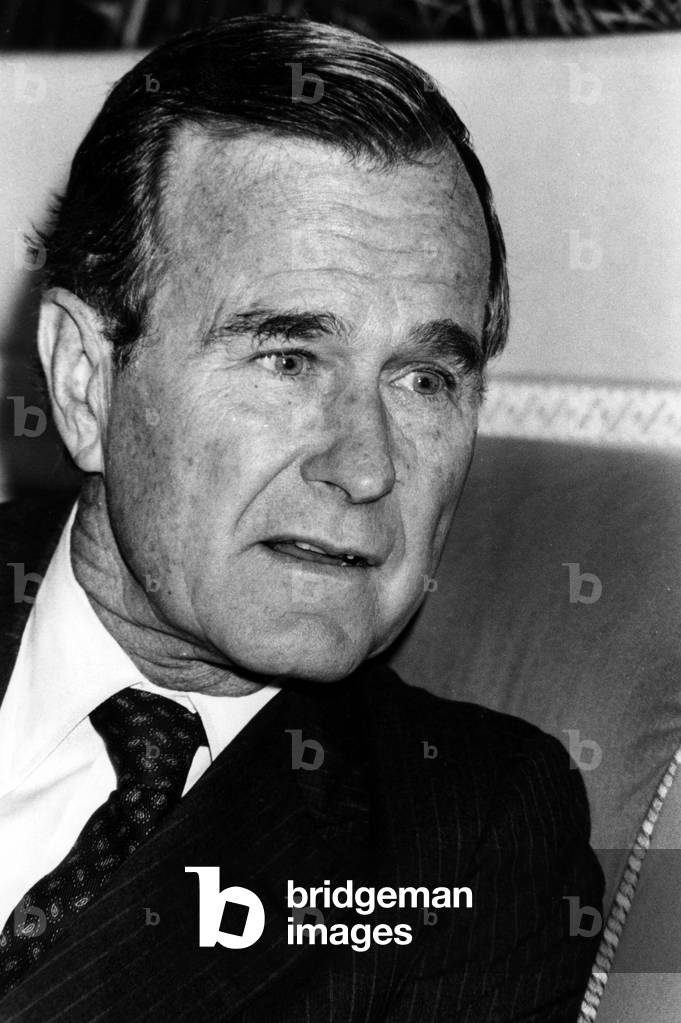 George Bush (Vice President of the United States) Visiting Paris, Interviewing at Hotel Matignon With Laurentfabius, July 1, 1985 (b/w photo)