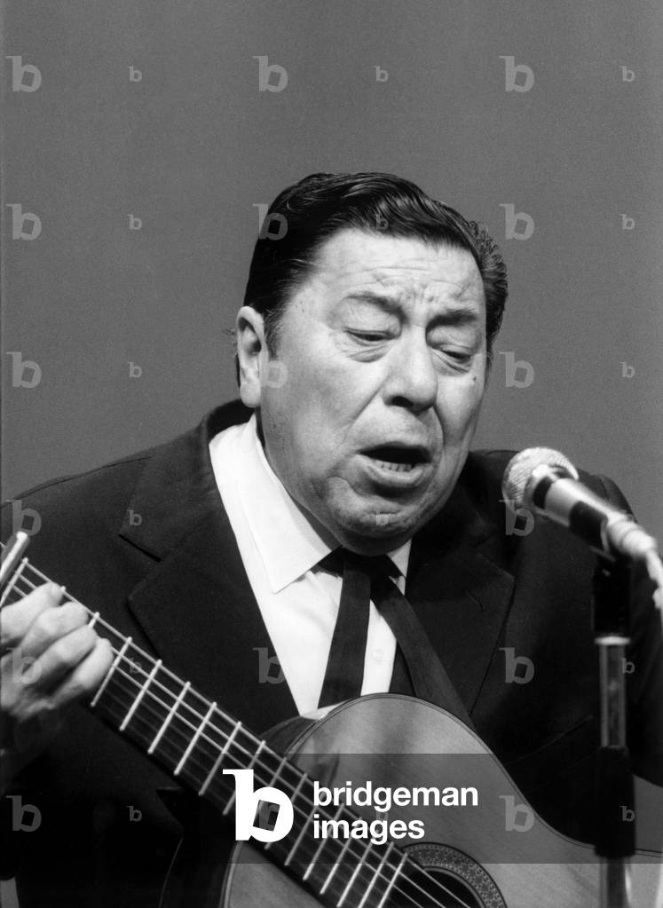 Atahualpa Yupanqui, Argentinian Poet, Singer and Guitarist during TV Programme on November 24, 1973 (b/w photo)
