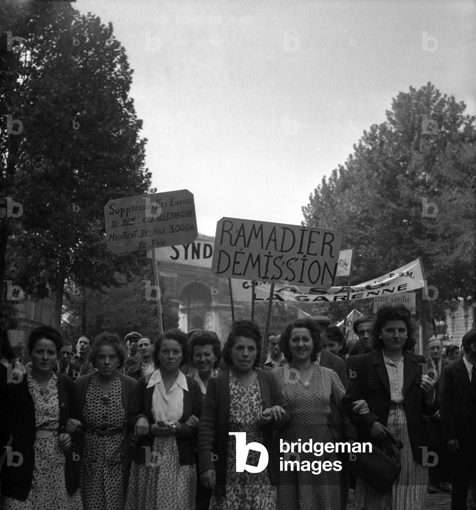Demonstration Against Cost of Living and the Reduction of Bread Ration, Paris, September 5, 1947 (b/w photo)