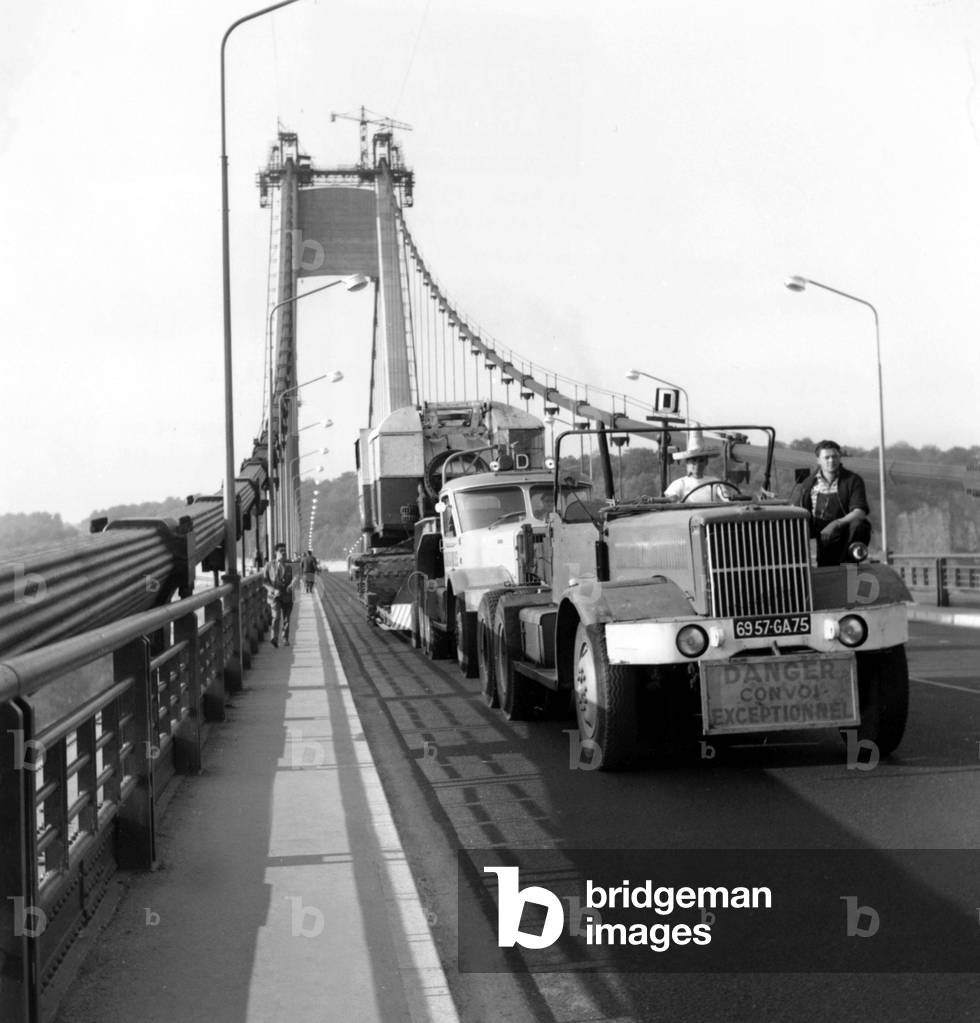 Special Convoy on The Tancarville Bridge in Normandy, France October 06, 1959 (b/w photo)
