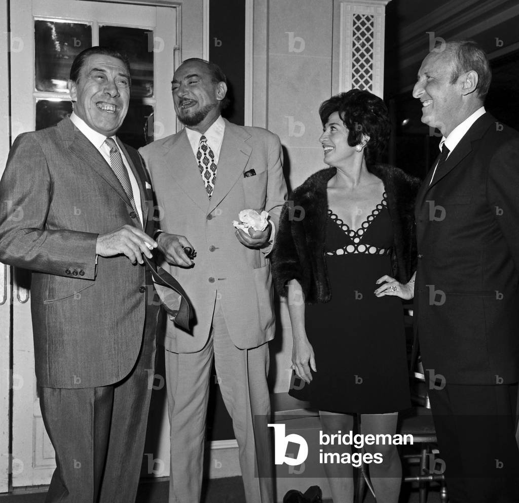 Fernandel, Pierre Brasseur, Josette Fernandel And Bourvil At The Exit Cocktail From the” Dictionary of Parisians” June 30, 1970 Neg: D26254 (b/w photo)