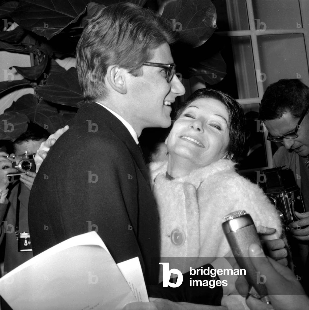 Zizi Jeanmaire Congratulating Yves Saint-Laurent After Presentation of his Own Collection (His Own Label, Ysl) in Paris January 29, 1962 (b/w photo)