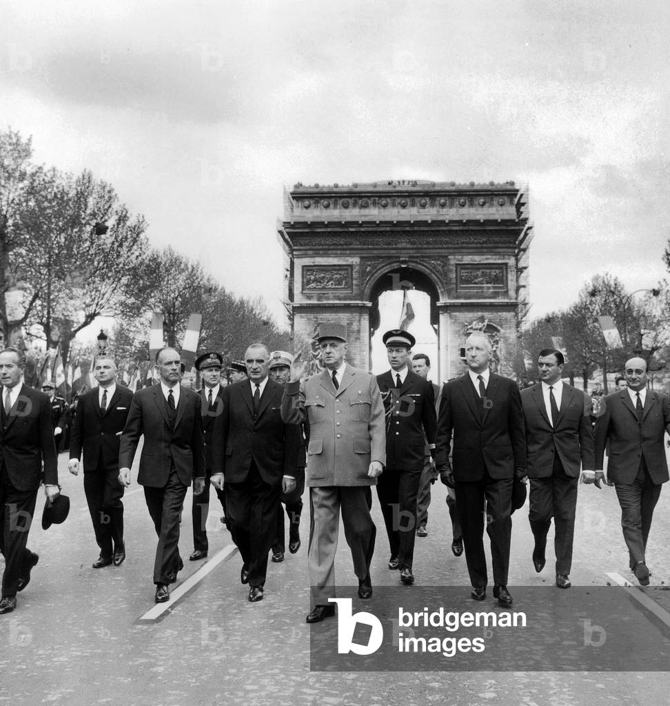 French President De Gaulle With Georges Pompidou Sainteny and Pierre Messmer in Paris on Victory Commemoration Day May 8, 1965 (b/w photo)