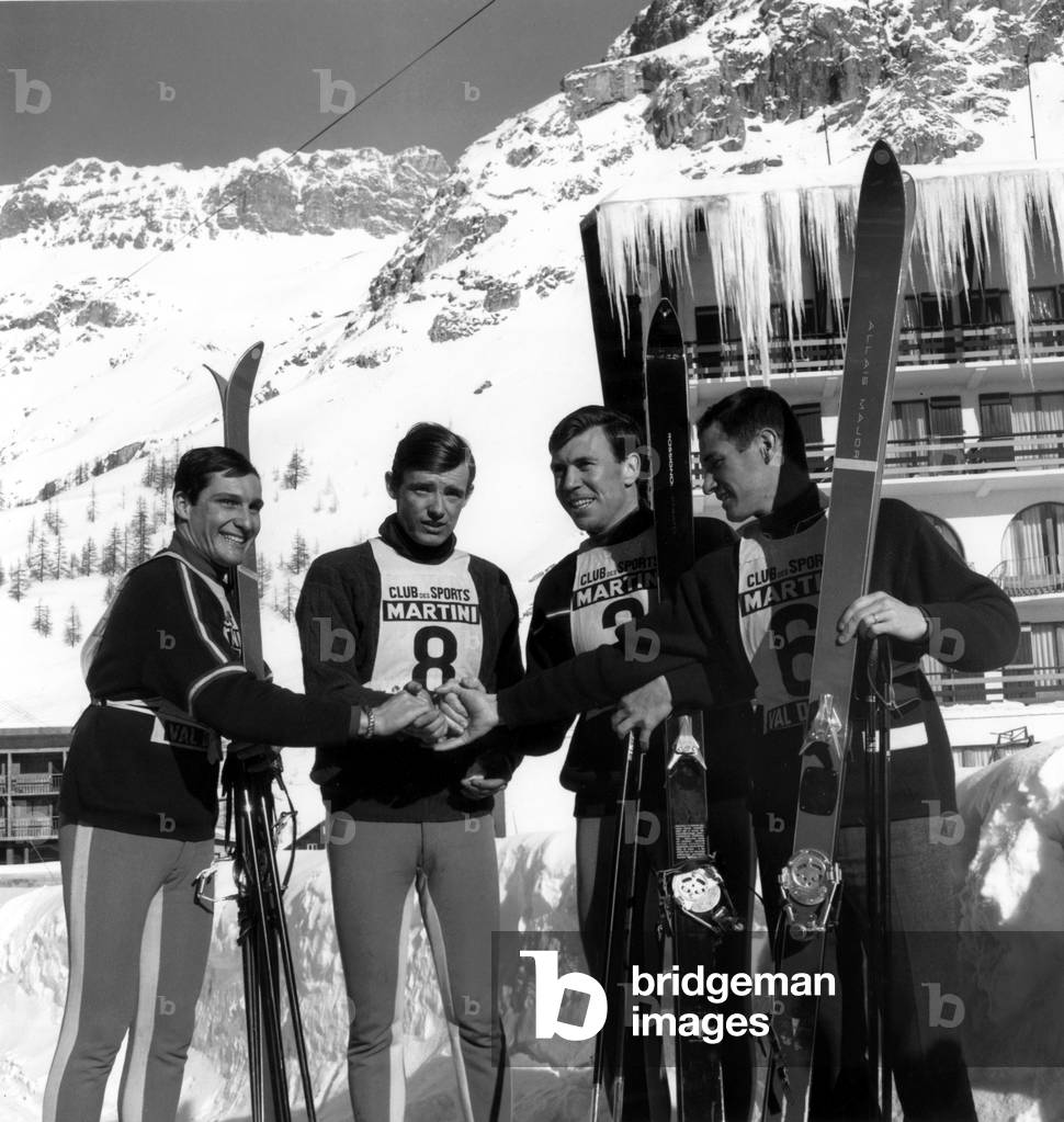L-R : Louis Jauffret, Jean Claude Killy, Leo Lacroix and ?, After Giant Slalom in Val D'Isere (Alps, France) on December 18, 1965 (b/w photo)
